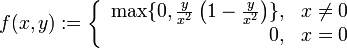 f(x,y) := \left\lbrace \begin{array}{rl} \max \{ 0, \frac{y}{x^2}\left(1 - \frac{y}{x^2}\right) \}, & x \ne 0 \\ 0, & x = 0 \\\end{array}\right.